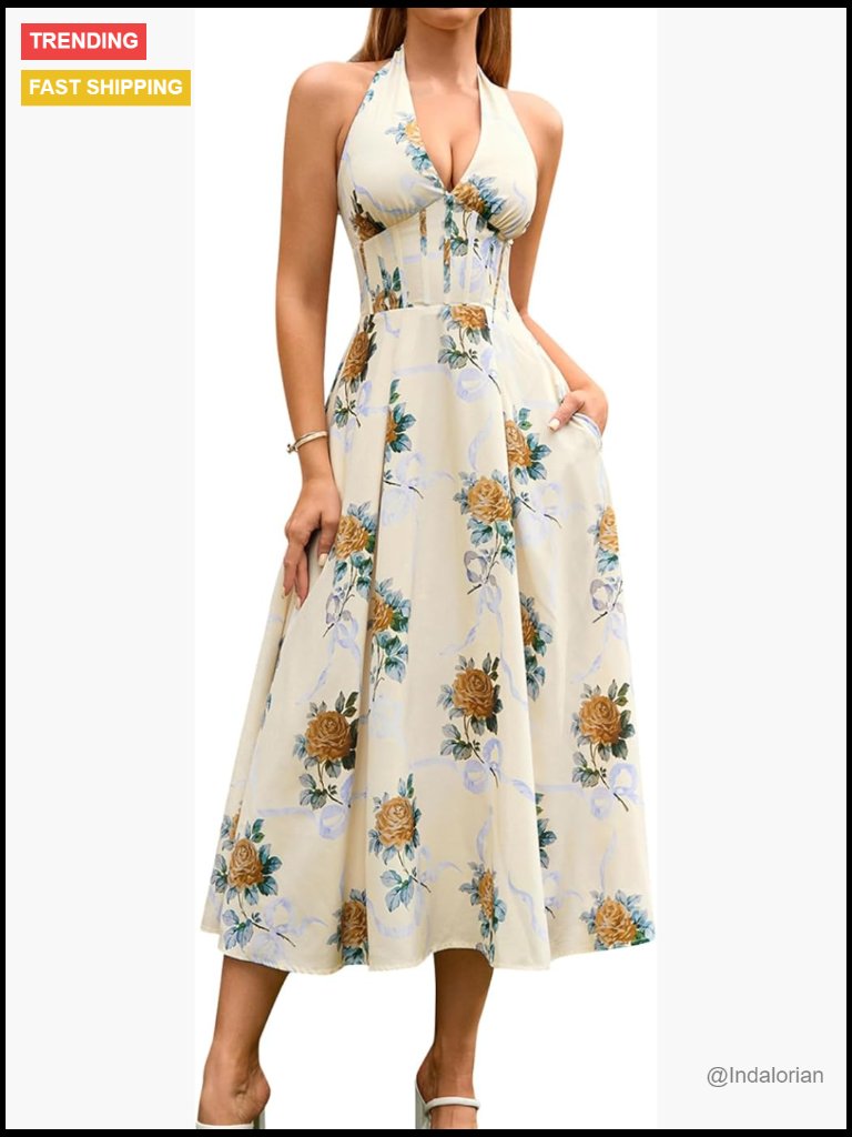 Floral Halter Corset Midi Dress Bow Tie Smocked Back Flowy Sleeveless With